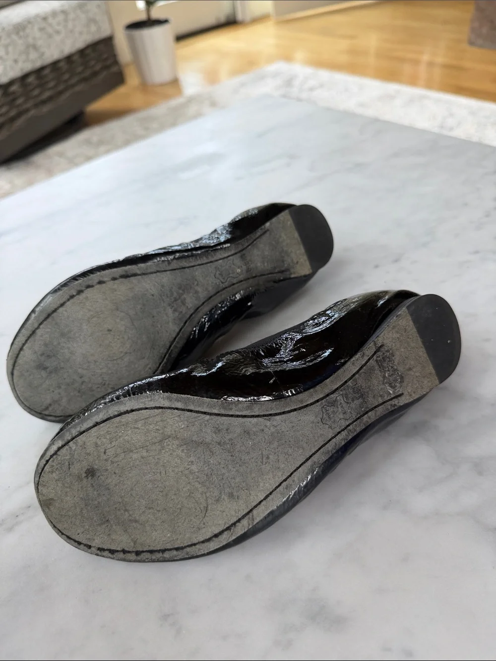 Tory Burch Black Patent Leather Logo Ballet Flats with Gold Emblem